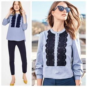 Boden Liliana Lace Trim Chambray Popover Blouse Sz 4